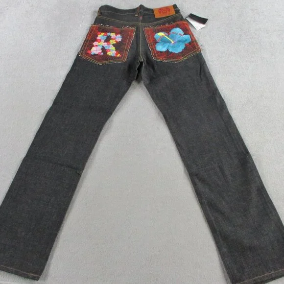 RMC Wave Jeans Mens 30 Tall 35" Inseam Black Embroidered Logo Flower Red Monkey - Picture 2 of 13